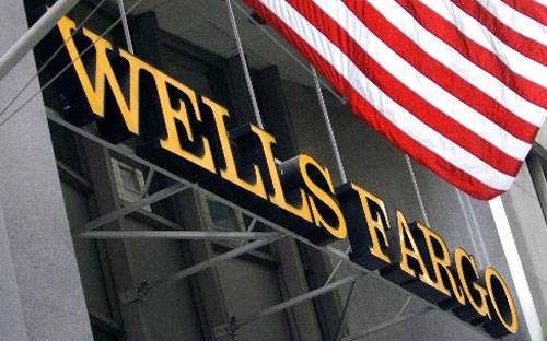 Wells Fargo bank sign with an American flag.