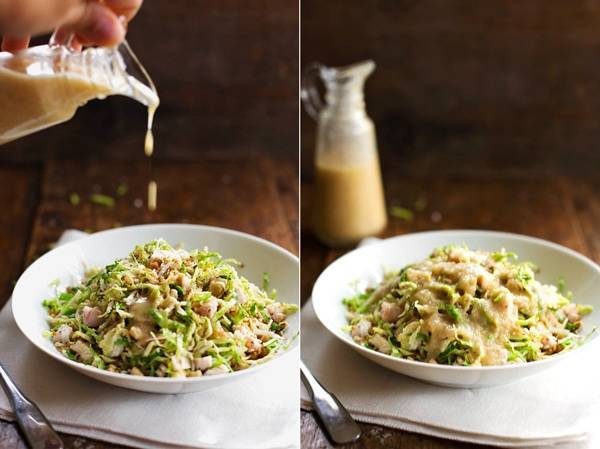Brussels Sprout Salad in two photos with dressing drizzle.