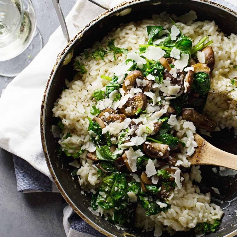 Garlic Butter Mushroom Risotto - super simple! white wine, garlic, mushrooms, butter, spinach, and creamy risotto. 350 calories. | pinchofyum.com #vegetarian #recipe #mushroom #risotto