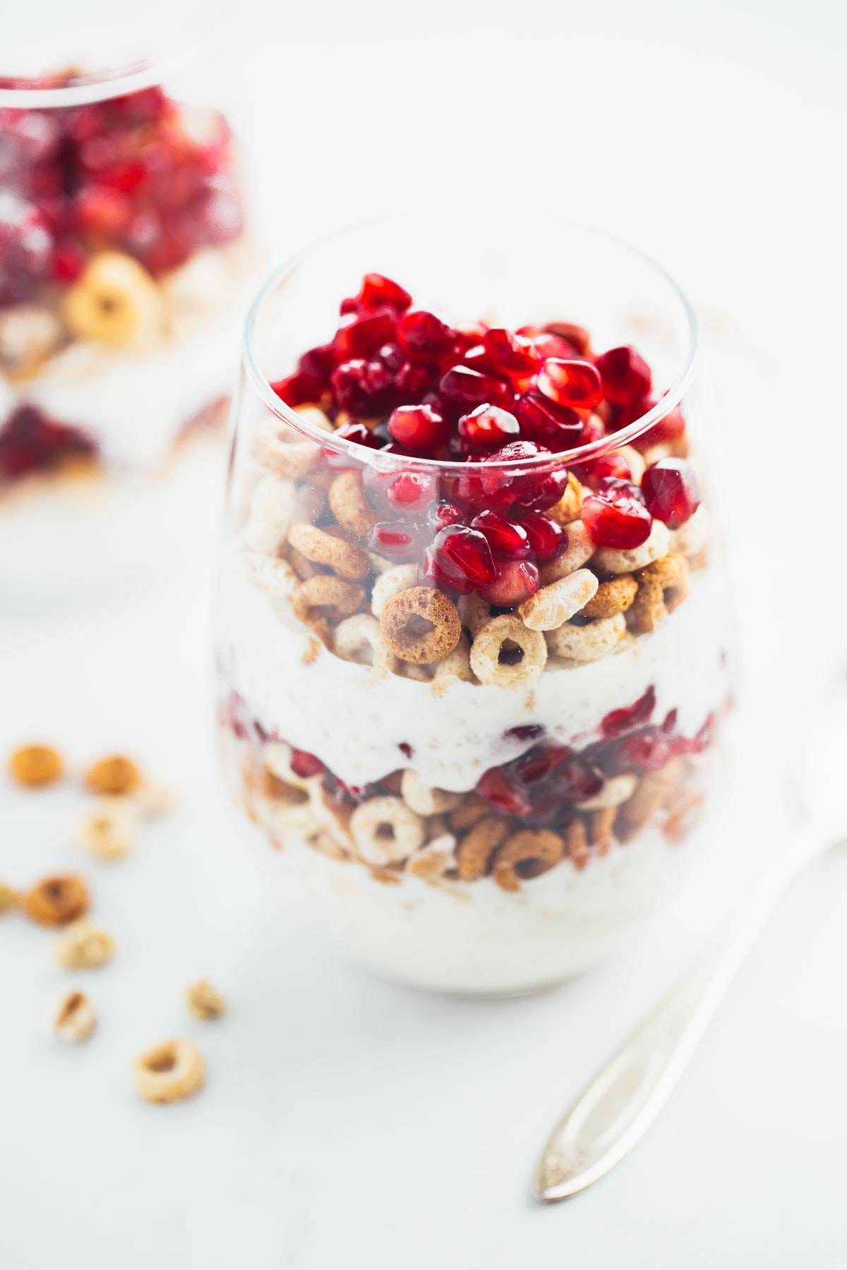 Yogurt Quinoa Parfait with pomegranate seeds.