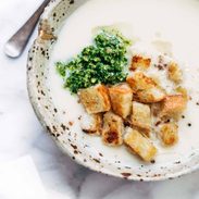 A picture of 5 Ingredient Creamy Cauliflower Soup with Kale Pesto