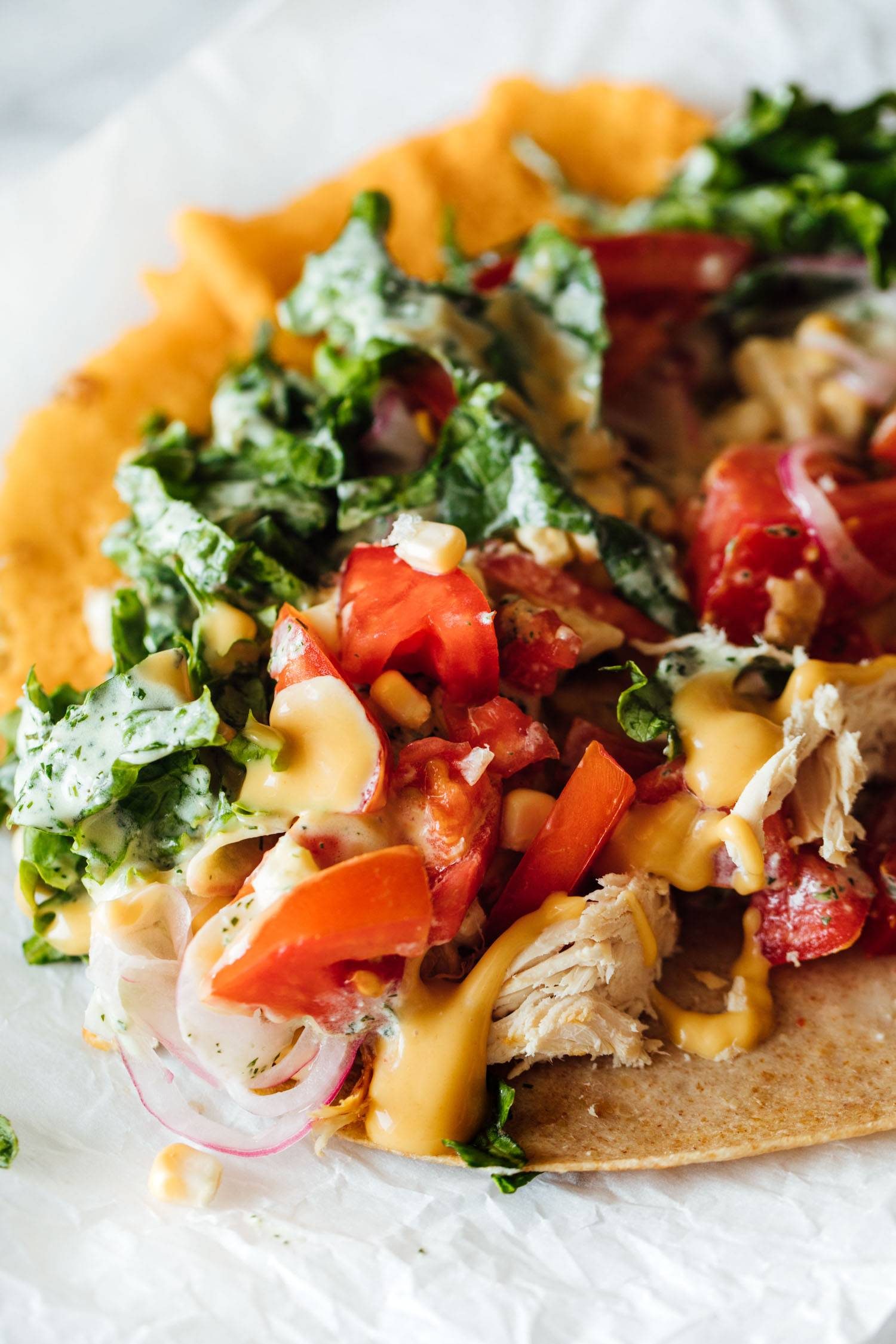 Chicken wrap with kale, tomatoes, and sauce.
