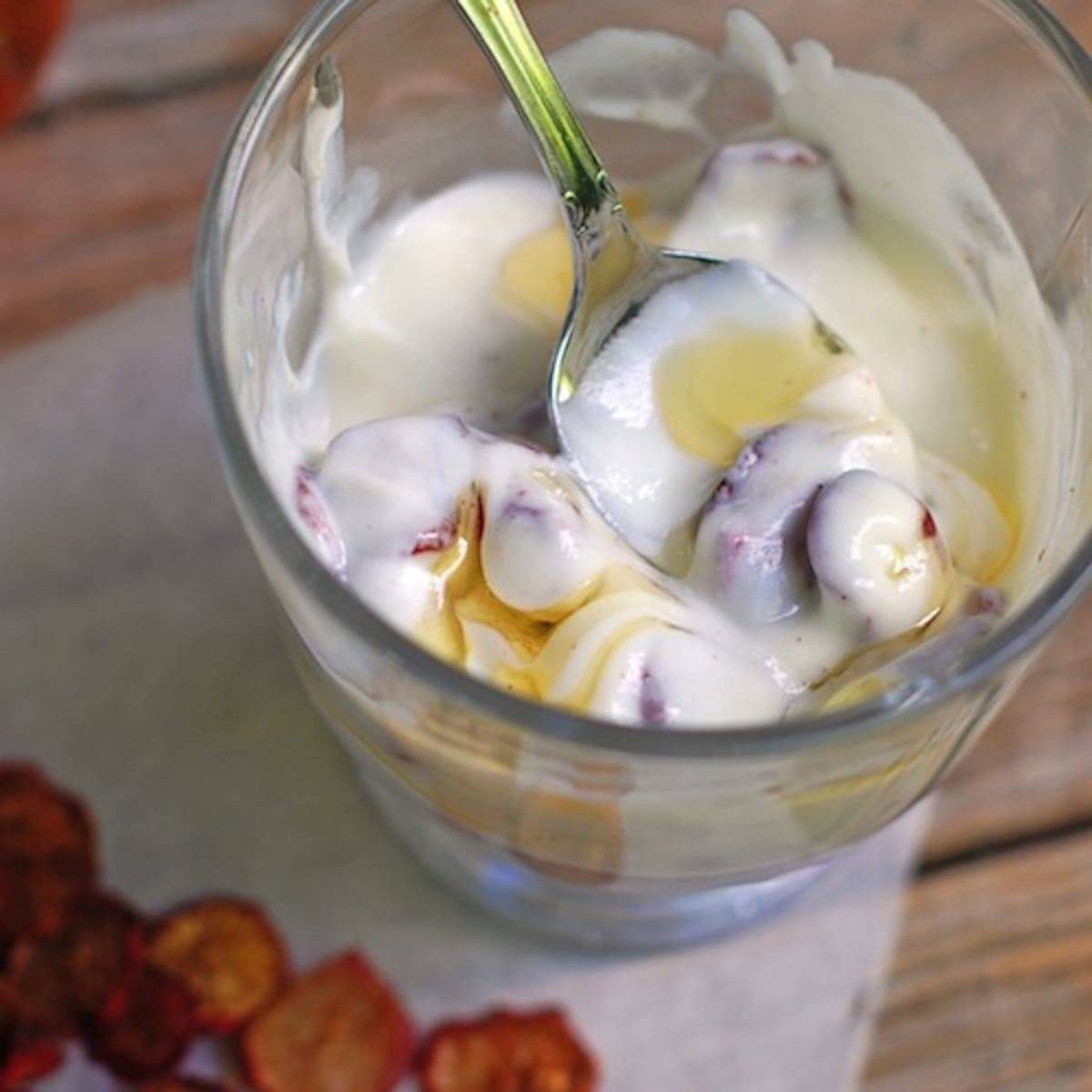 Cinnamon sugar radish chips served over Greek yogurt with honey.