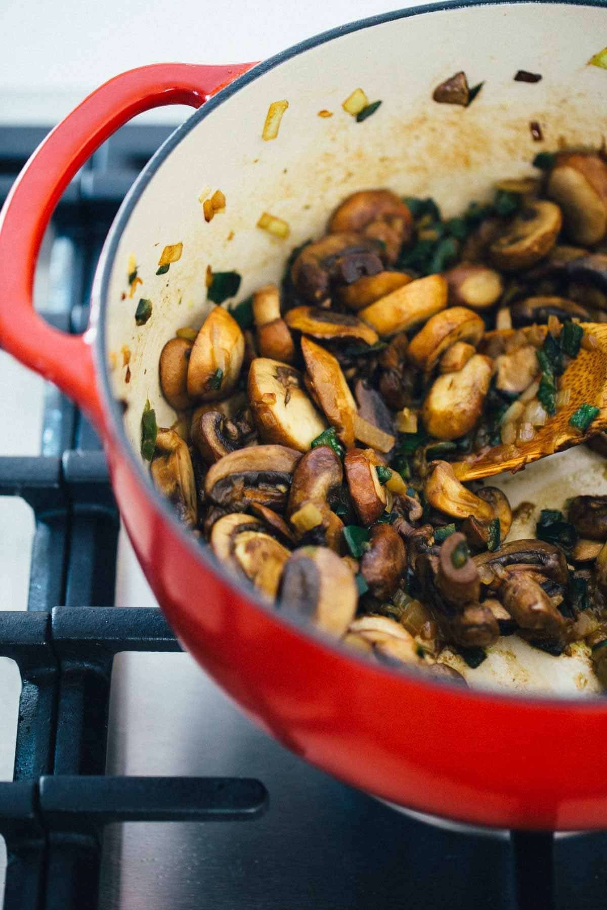 Mushrooms in a dutch oven.