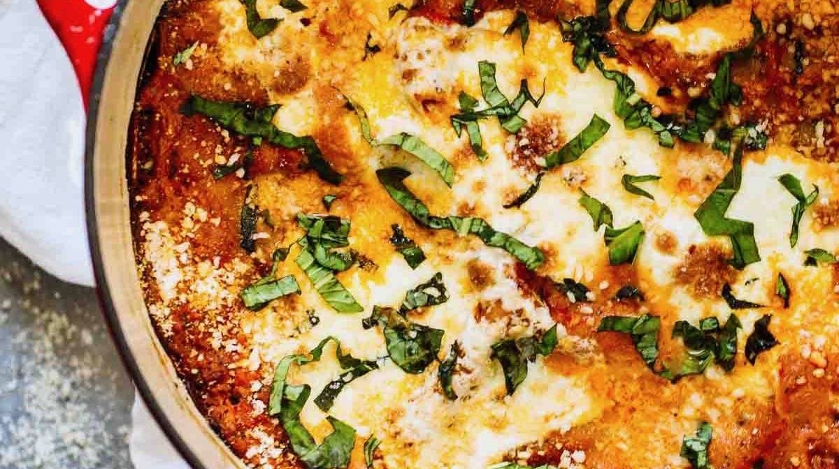 Super Easy One Pot Lasagna in a dutch oven.