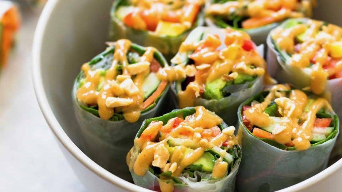 Thai Summer Rolls with Peanut Sauce in bowl.
