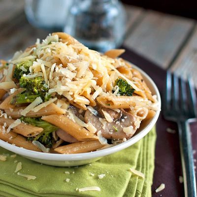 A picture of Rustic Garlic Butter Pasta with Roasted Broccoli and Sauteed Mushrooms