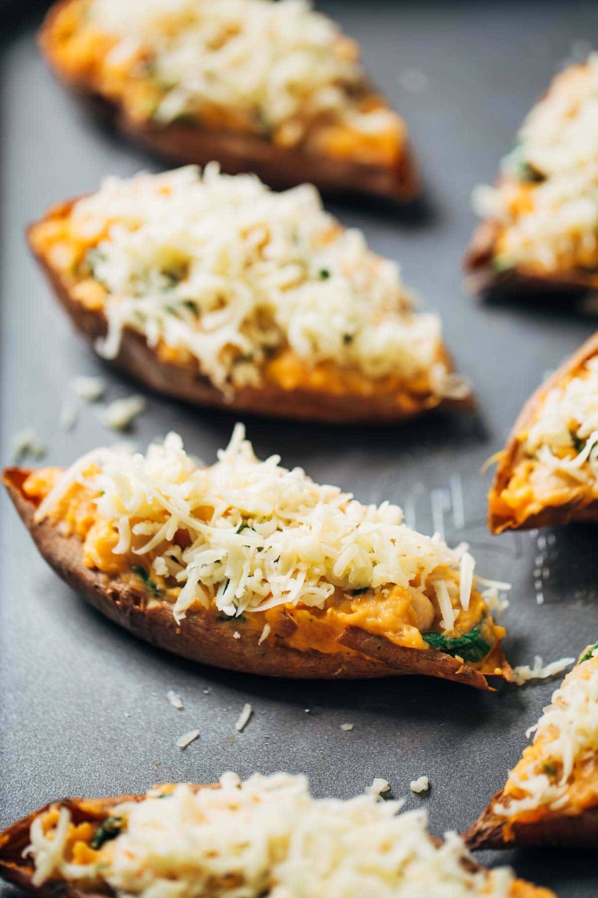 Sweet potato skins on a pan.
